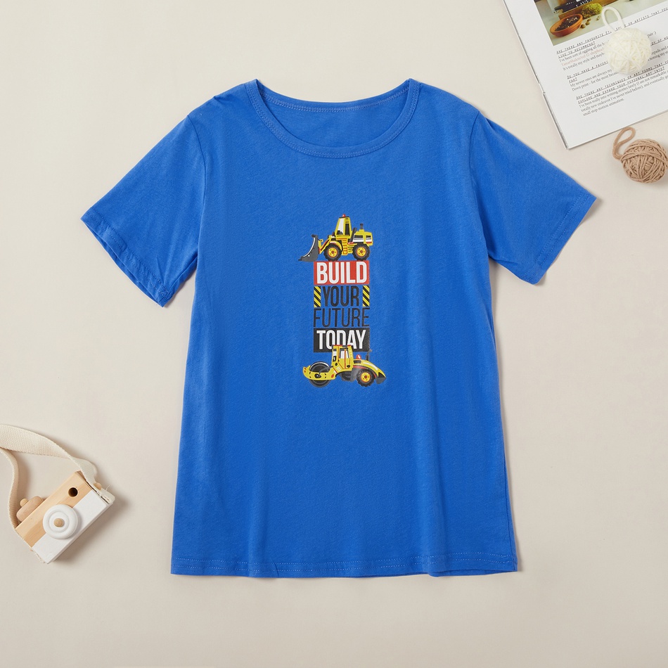 Casual Letter Print Pushdozer Cotton Tee for Boys
